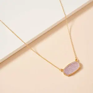 Druzy Stone Charm Short Necklace Purple Grey Gold Plated Chain Fashion Jewelry for Women