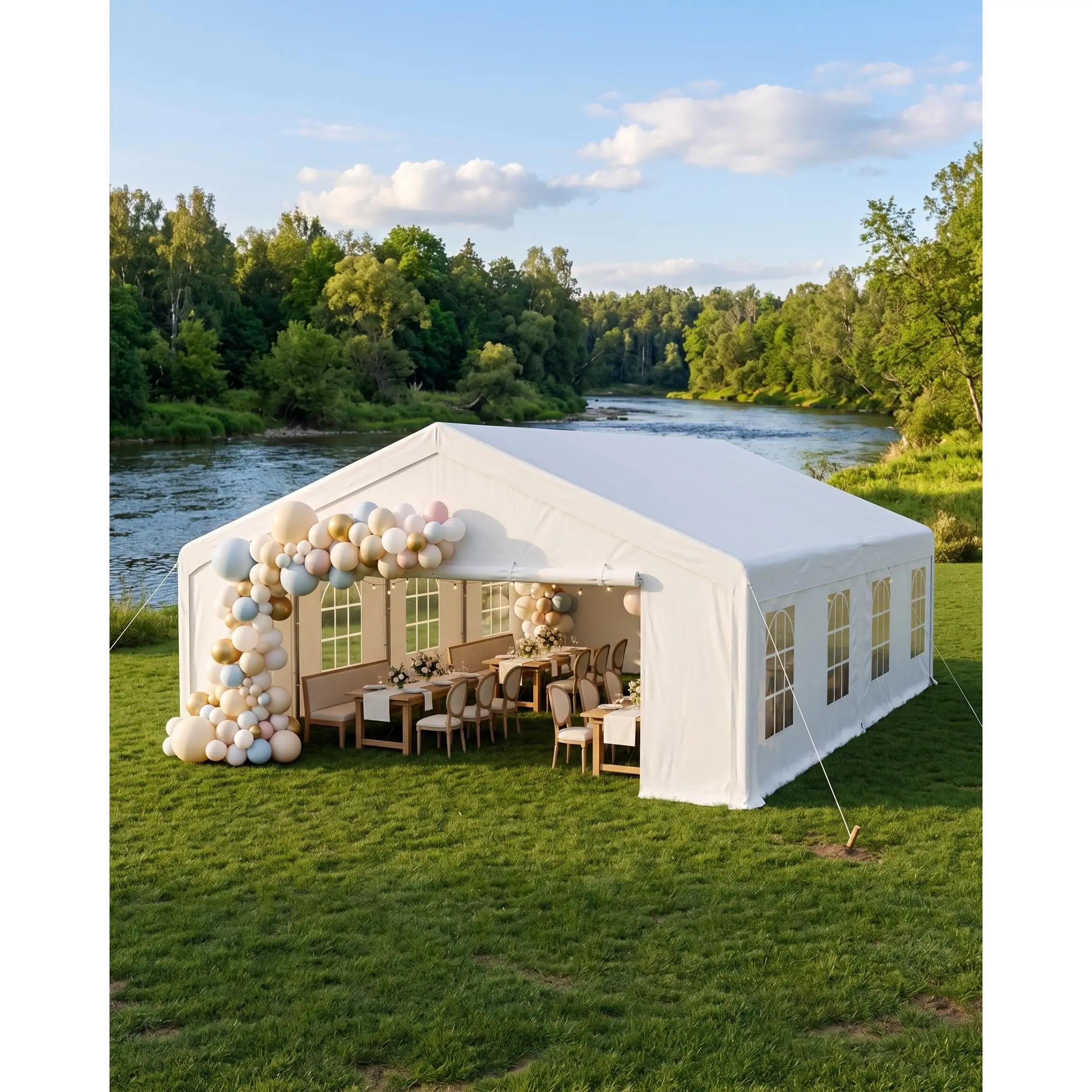 GARVEE 20x32 FT Heavy Duty Party Tent, Galvanized Steel Outdoor Canopy with Mesh Screen & Roll-Up Dual Doors, Waterproof Wedding Event Shelter, Removable Sidewalls & Windows