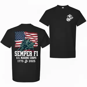 [Winter Outfits]Semper Fi USMC 250th Birthday T-Shirt – United States Marine Corps Flag Raising Graphic Tee, Patriotic Military Apparel for Veterans & Supporters, 1775–2025 Anniversary Casual Cotton