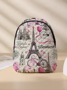 Eiffel Tower Pattern Backpack, Lightweight Durable School Bag, Cute Student Backpack with Lunch Pocket, Large Travel Diaper Bag for Women & Girls
