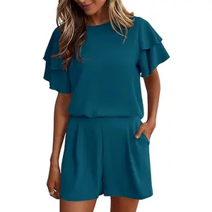 EncoLax Two Piece Sets For Women Summer Casual Loose Ruffle Short Sleeve Matching Shorts Sets Beach Vacation Cruise Outfits
