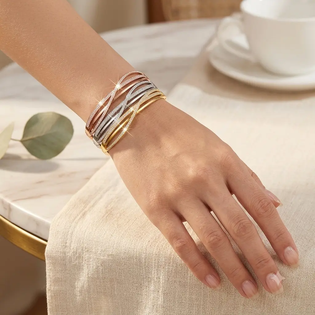 3Pcs Triple-Tone Geometric Pave Bangle Set | 18K Gold Plated Titanium Steel Luxury Cuff Bracelet | Non-Tarnish Water Resistant Diamond-Studded Fine Jewelry Gift for Women