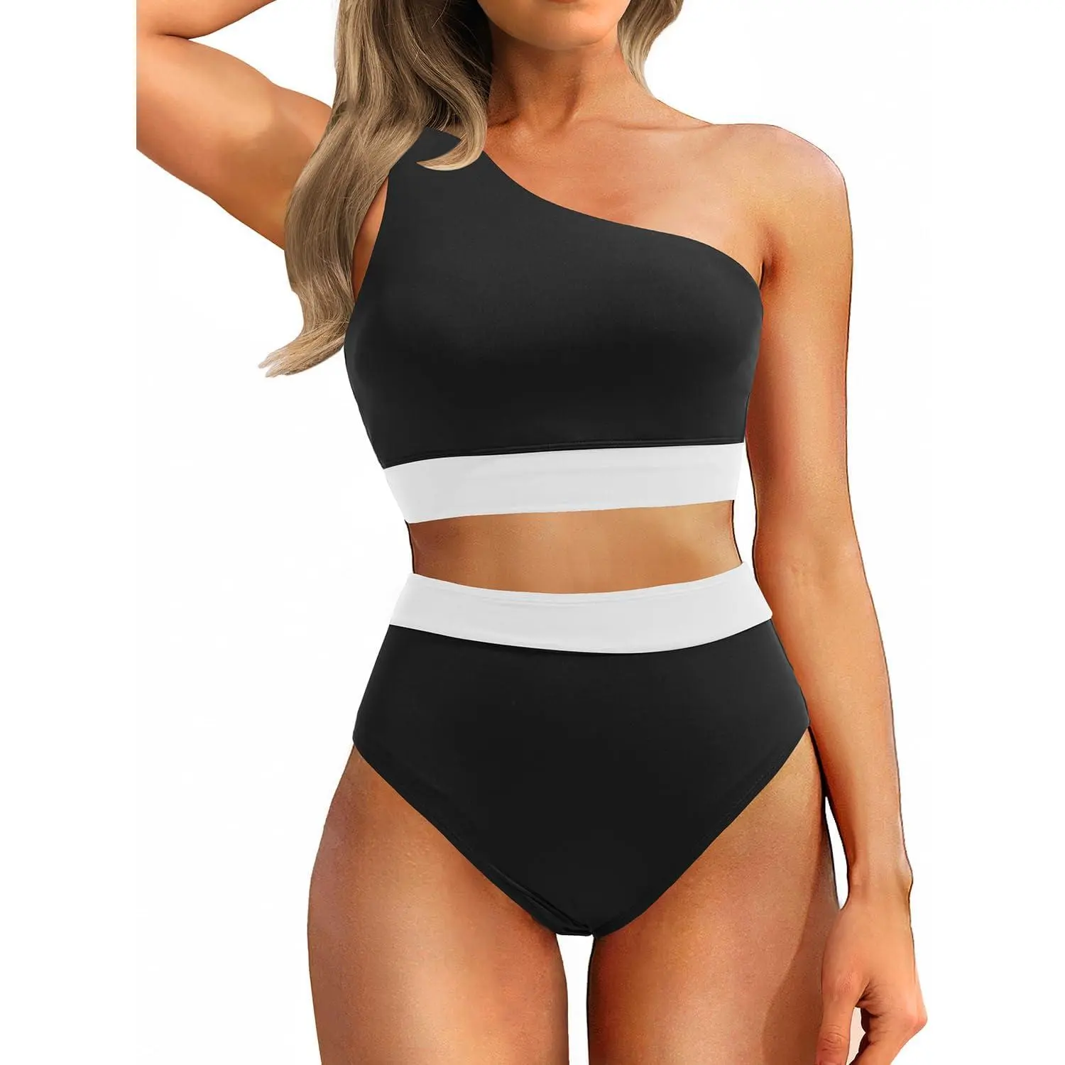 Sunkiss Swim Women One Shoulder High Waisted Bikini Sets Two Piece Swimsuit Tummy Control Bathing Suit Full Coverage Swimwear # one-piece woman sporty top sexy modest sea fancy suits 2 set style halter neck triangle plaid bottom adjustable two-piece print