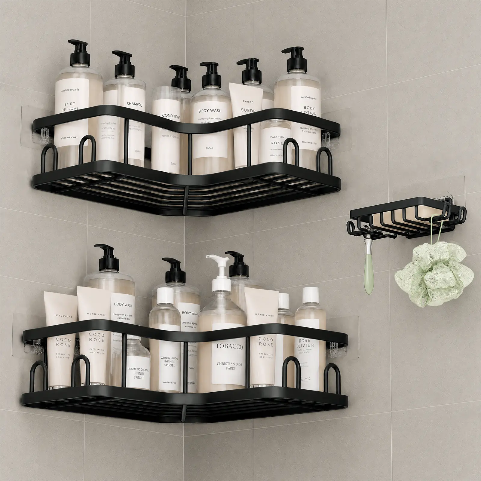 【Veken】 Corner Adhesive Shower Caddy 3-Pack with Soap Holder&Hooks