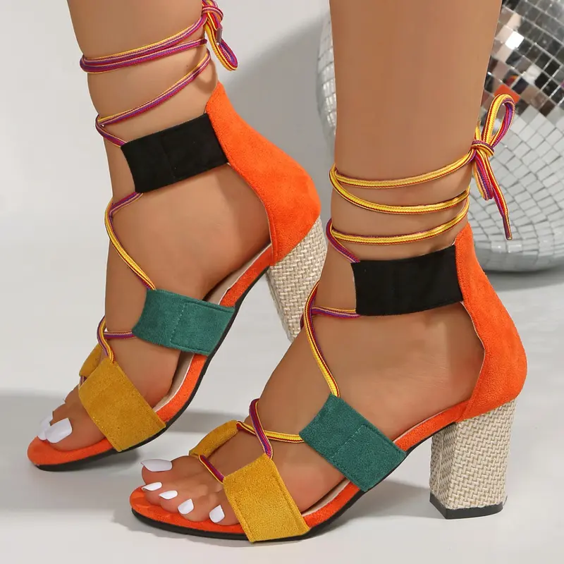 Women's High-Heeled Ankle Multi-Strap Adjustable Strappy Sandals, Color-Block Lace-Up Design, Summer Shoes for Special Occasions & Outings