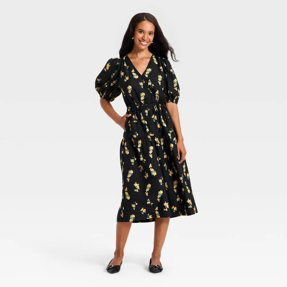 Women's Short Sleeve Wrap Tie Tier Midi Empire Waist Dress - A New Day, Nylon-Viscose Fabric, Casual Womenswear, Stylish Accessories Compatible, Shortsleeve