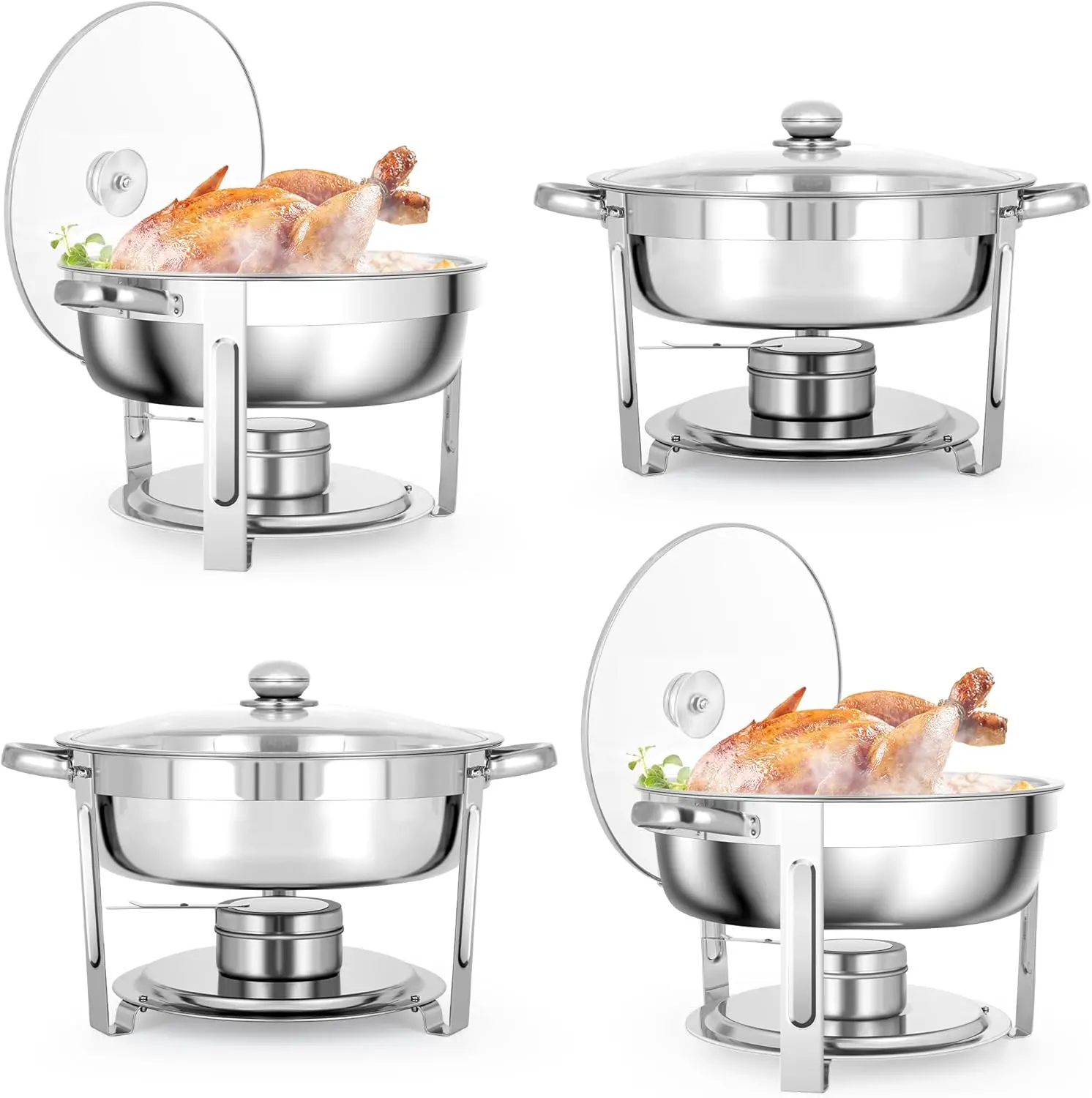 Rengue 6 QT Chafing Dishes, 4 Pack Premium Stainless Steel Complete Set, Round Chafing Dish Buffet Set, Heating and Cooling Chafing Dish for Gatherings Banquets, Buffets, Parties, Weddings