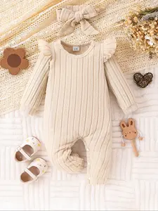 Baby Girl Fall Winter Warm Long Sleeve Baby Clothing Romper Set, Fitted Casual Style Above Ankle Length, Moderate Fabric Thickness, Includes Headband, Baby Girl Clothes