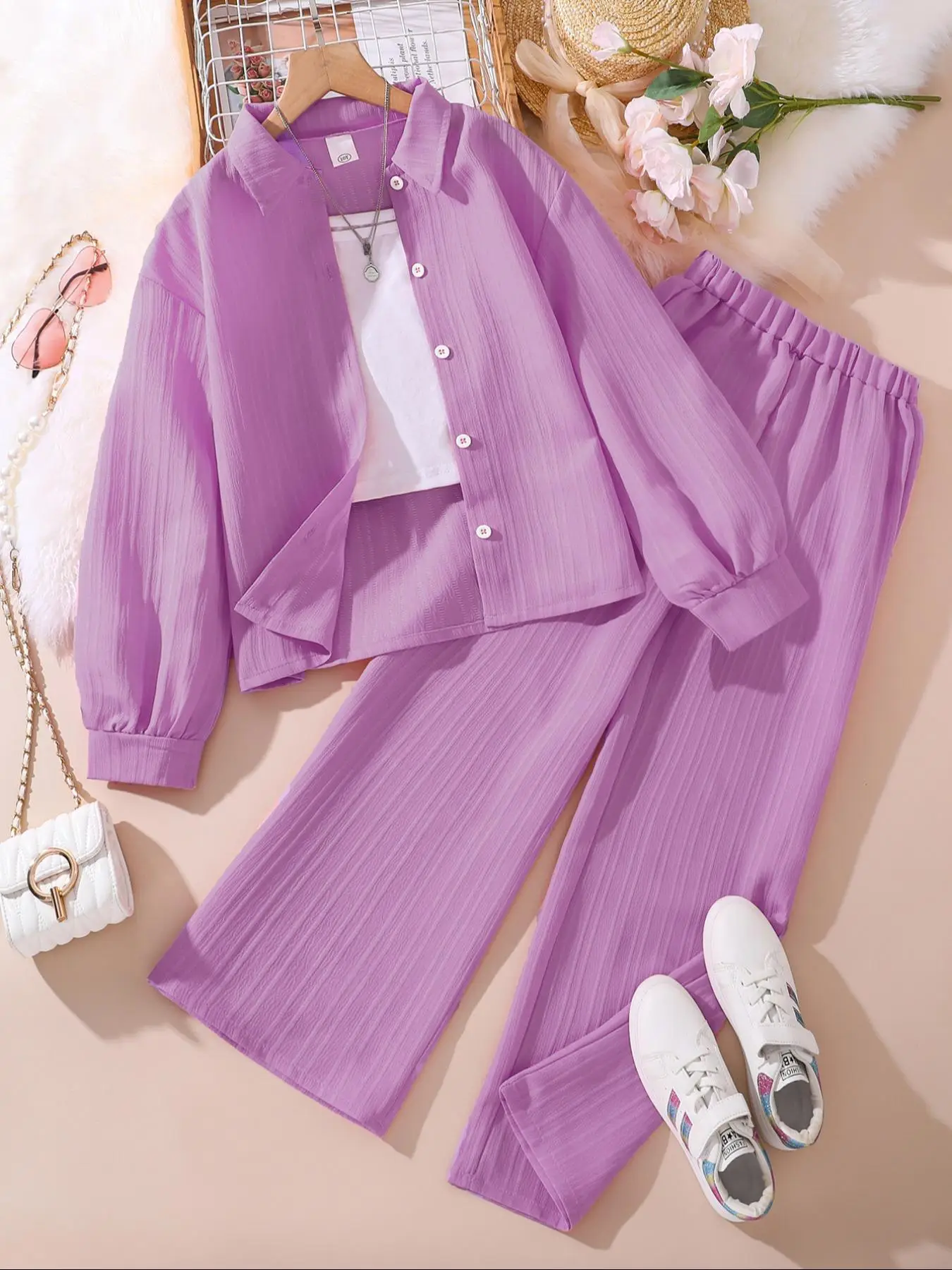 Two-Piece Set Girl's Solid Button Front Shirt & Elastic Waist Pants Set, Casual Drop Shoulder Long Sleeve Collared Top & Trousers for Fall & Winter, K