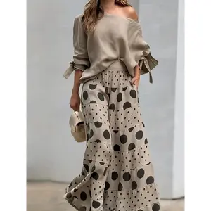 2-Piece Women's Off the Shoulder Polka Dot Top and Wide Leg Pants Set - 100% Polyester, Three Quarter Sleeve, Comfortable,/Fashion Outfit  Clothes Suits Casual Womenswear Apricot Fitted Collared