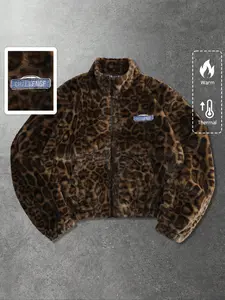Unisex Y2K Style Leopard Print Jacket, Letter Badge Streetwear, Fall Winter Fleece Warm Coat, High Street Culture, Men's Gift, Couple Fashion