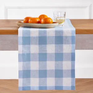 Linen Checkered Table Runner 108 Inches Long - 100% Pure Linen Blue and White Buffalo Check Table Runner 14 x 108 Inch Ideal for Dining, Spring, Summer, Mothers Day