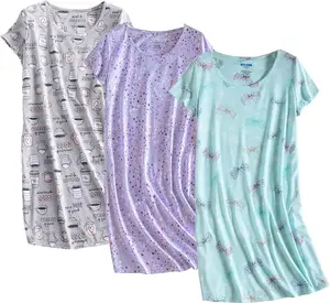 3 Pack Women's Cotton Nightgown Sleepwear Short Sleeves Shirt Casual Print Sleepdress
