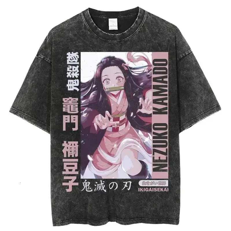 Harajuku Anime Demon Slayer Nezuko Vintage Washed Graphic T Shirt Men Women Cotton Short Sleeve Tee Casual Tops Y2k Streetwear