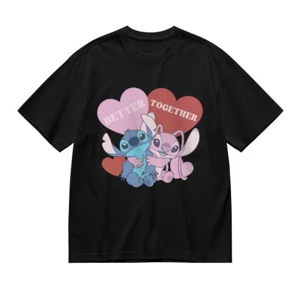 Disney Stitch Angel Couple Heart Slogan Print Towel - Couple Matching Fandom Towel for Daily Hangout Casual Use