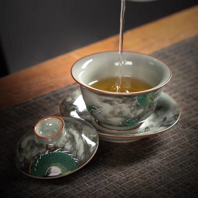 Old Ceramic Tea Bowl with Lid Ink Wash Cloud Dragon Design Jianzhan Ware Traditional Chinese Tea Set