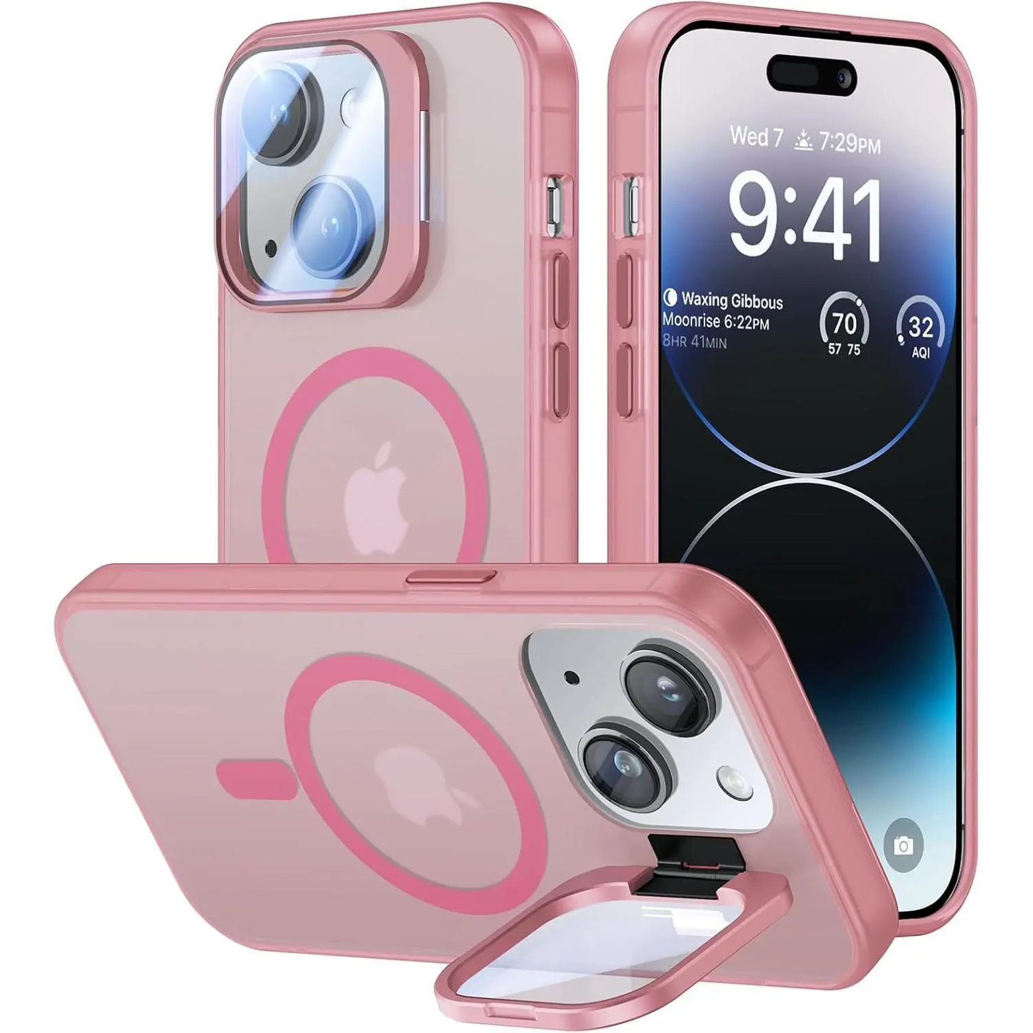 For iPhone 13 Case/iPhone 14 Case with Camera Cover Stand [Built-in 9H Camera Lens Protector][Fit for Magsafe] Military Grade Shockproof Translucent Matte Magnetic Phone Case 6.1",Pink