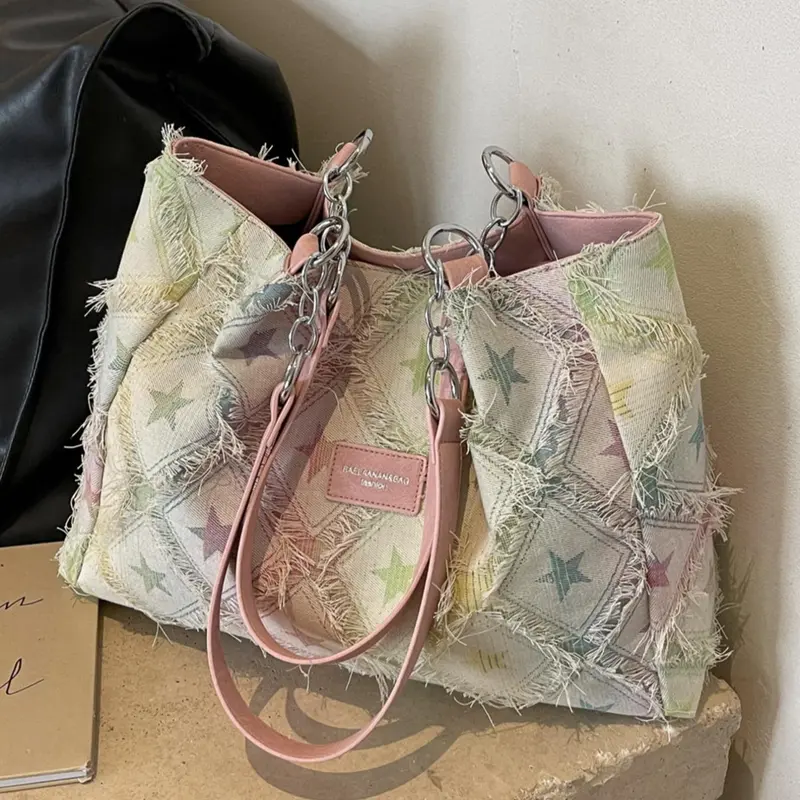 Women's Star Pattern Frayed-Trim Tote Bag, Large Capacity Distressed Shoulder Bag for Dating, Classes & Shopping, Stylish Rhombus Commuting Bag, Handbag Tote, Fashionable Patterned Bag
