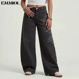 EMMIOL Women Hip Hop Baggy Jeans Wide Leg Mid-Low Waist Jeans Loose Boyfriends Jeans 90s Vintage Denim Pants casual comfy Black Womenswear