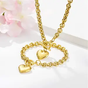 2026 New Arrivals Heart Charm Jewelry Set Fashion Fastness Gold Silver Necklace Bracelet Set for Women Elegant Heart Charms Classic Gold Silver Options Durable Longevity Gift