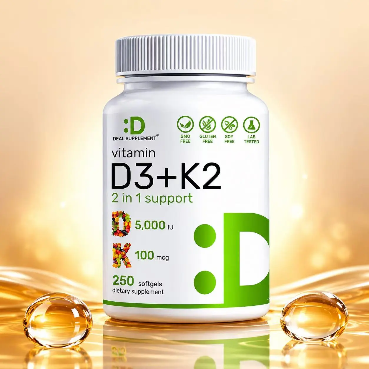 Deal Supplement Vitamin D3 K2 MK7 5000IU Supplement, 2 in 1 Formula 5000 IU D3 + 100mcg K2 MK-7, Supports Bone, Teeth, Heart & Immune Health, 250 Vegetarian Softgels Dietary Fitness Edible