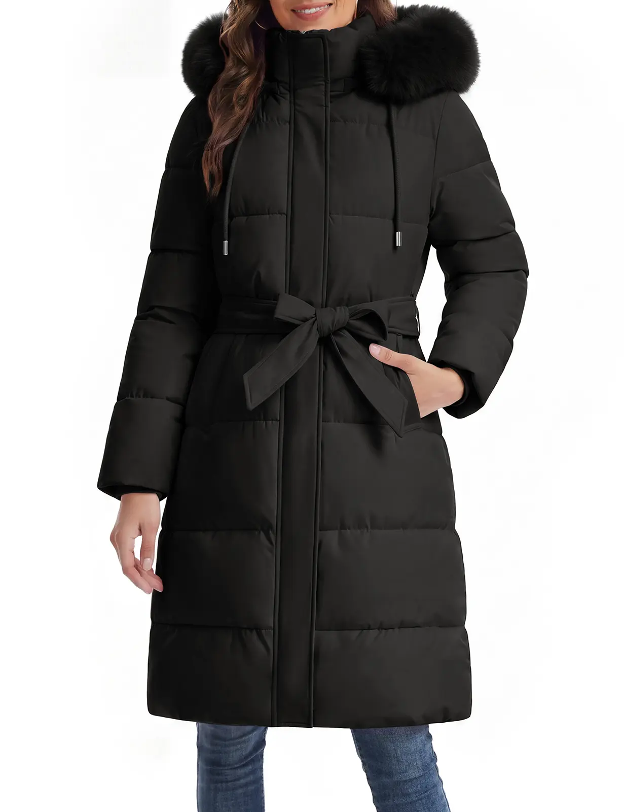 Womens Long Winter Puffer Coat with Belt Detachable Fur Hood Warm Puffy Padded Quilted Parka Jackets Thick Outerwear