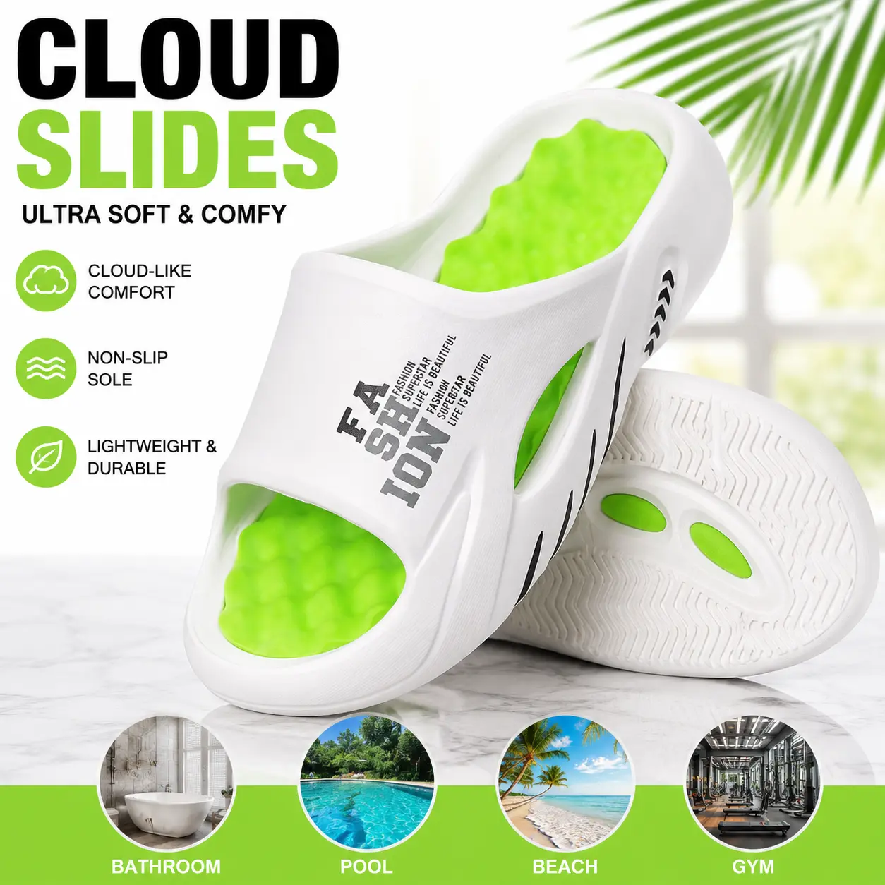 Mens EVA Slide Sandals Comfortable Cushioned Massage Footbed Non Slip Shower Slippers Lightweight Soft Sole Indoor Outdoor Summer Beach Pool Slides for Men and Women