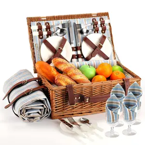 Picnic Basket for 4 Persons with Waterproof Picnic Blanket and Insulated Cooler, Large Wicker Picnic Basket for Camping, Outdoors, Valentine's Day, Mother's Day, Birthday, Wedding Gift