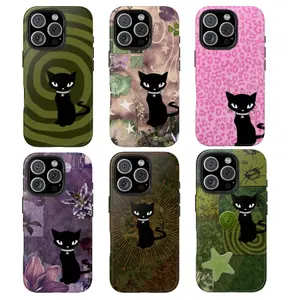 Black Cat Phone Case – Whimsical Gothic Pastel Aesthetic Cat iPhone Case with Floral, Leopard & Vintage Collage Patterns, Cute Witchy Cat Phone Cover, Gift for Her, Perfect for Cat Lovers, Compatible with iPhone 11, 12, 13, 14, 15, 16, 17