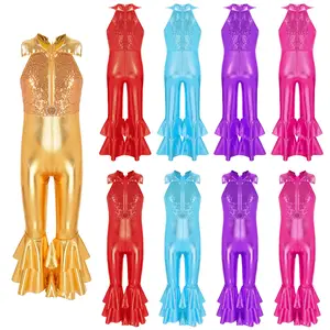 easyforever Kids Girls One-Piece Gymnastics Leotard Metallic Ballet Dance Bodysuit Bell-bottom Jumpsuit Fancy Party Dancewear