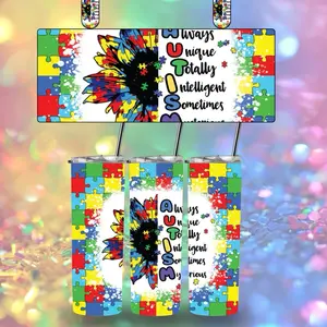 Autism Meaning Sunflower Design Tumbler with Puzzle Piece Pattern and Inspirational Quote