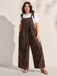 Women's Plus Size Long Sleeveless Leopard Print Jumpsuit, Wide Leg Pants with Pockets and Adjustable Knot Straps, Summer Casual Date Style