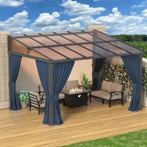Kullavik Hard Top Lean to Gazebo ,Wall Mount Heavy Hardtop Gazebo Outdoor Pergola with Curtains and Netting for Patio Garden Lawn Backyard Deck