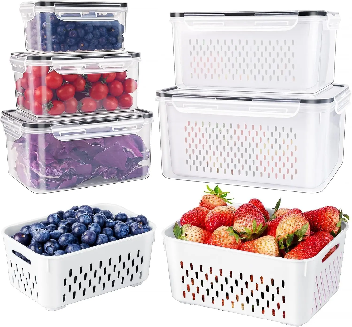 5 PCS Large Fruit Containers for Fridge - Leakproof Food Storage Containers Keep Fruits, Vegetables, Berry, Meat Fresh longer