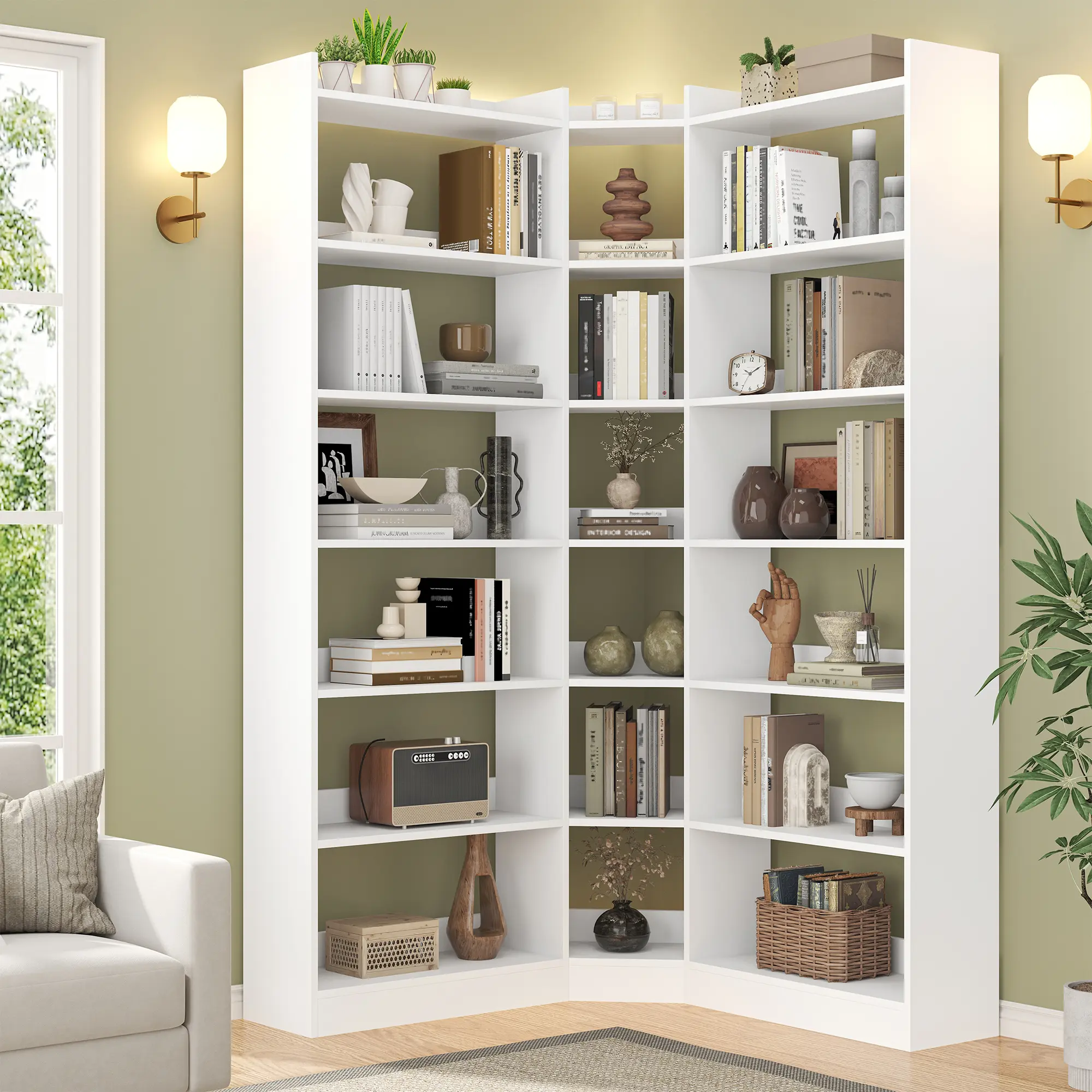 70.8" Tall Industrial L-Shaped Aesthetic Wood Bookshelf Tower, 7-Tier Etagere with Baffle, Large Storage Display Rack for Bedroom, Home Office