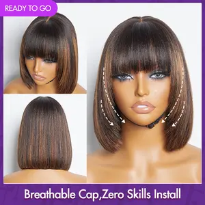Put On And Go Reddish Purple / Brown Highlight / Natural Black Layered Cut Yaki Straight Minimalist Lace Bob Wig With Bangs