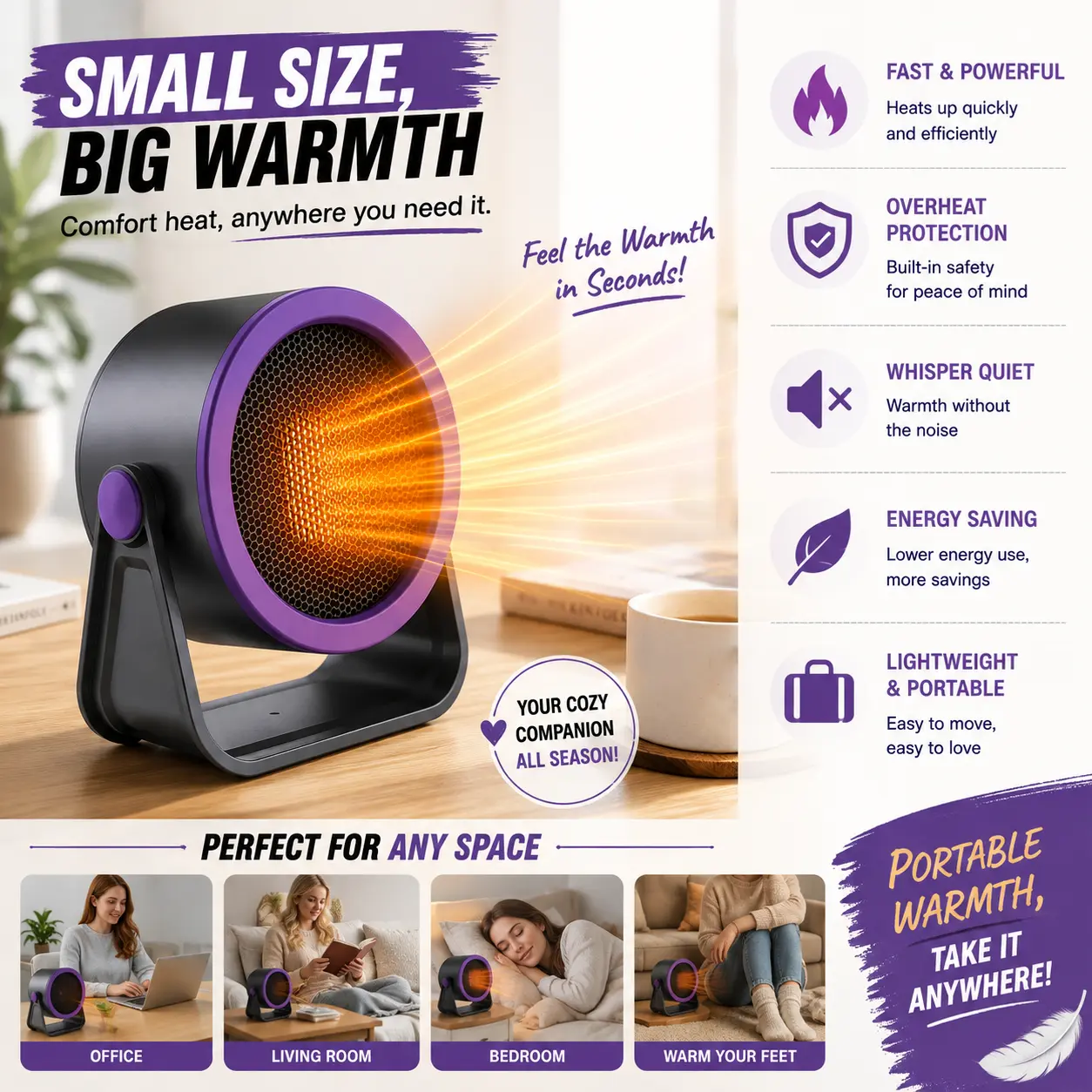 Space Heater for Indoor Use Fast Heating Portable Electric Heater Overheat & Tip‑Over Safe Quiet Small Heater for Bedroom Office Dorm Desk Home Winter Warm