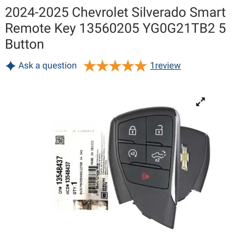 2024-2025 Chevrolet Silverado Smart Remote Key 13560205 YG0G21TB2 5 Button