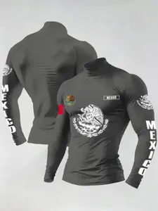 Mexico Eagle Compression Turtleneck, Quick Dry Athletic Long Sleeve for Gym Running Training, Mexican Flag Graphic Rash Guard for Men, Slim Fit Performance Base Layer for Fitness Bodybuilding, Breathable Stretch Active Top, High Performance Activewear