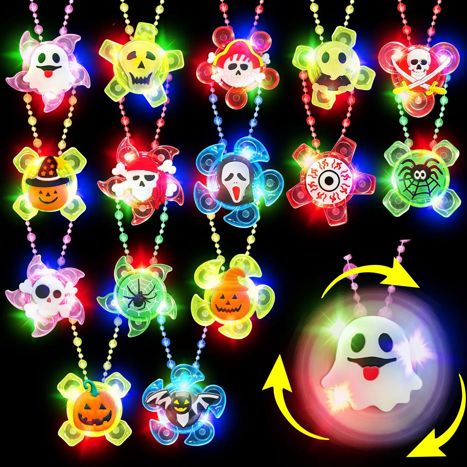 15 Pack Halloween Spin LED Necklaces Toy Party Favors Toys for Kids | 15 Styles Spider Ghost Halloween Light Up Trick or Treat Toys Goodie Bag Filler Glow in The Dark Party Supplies
