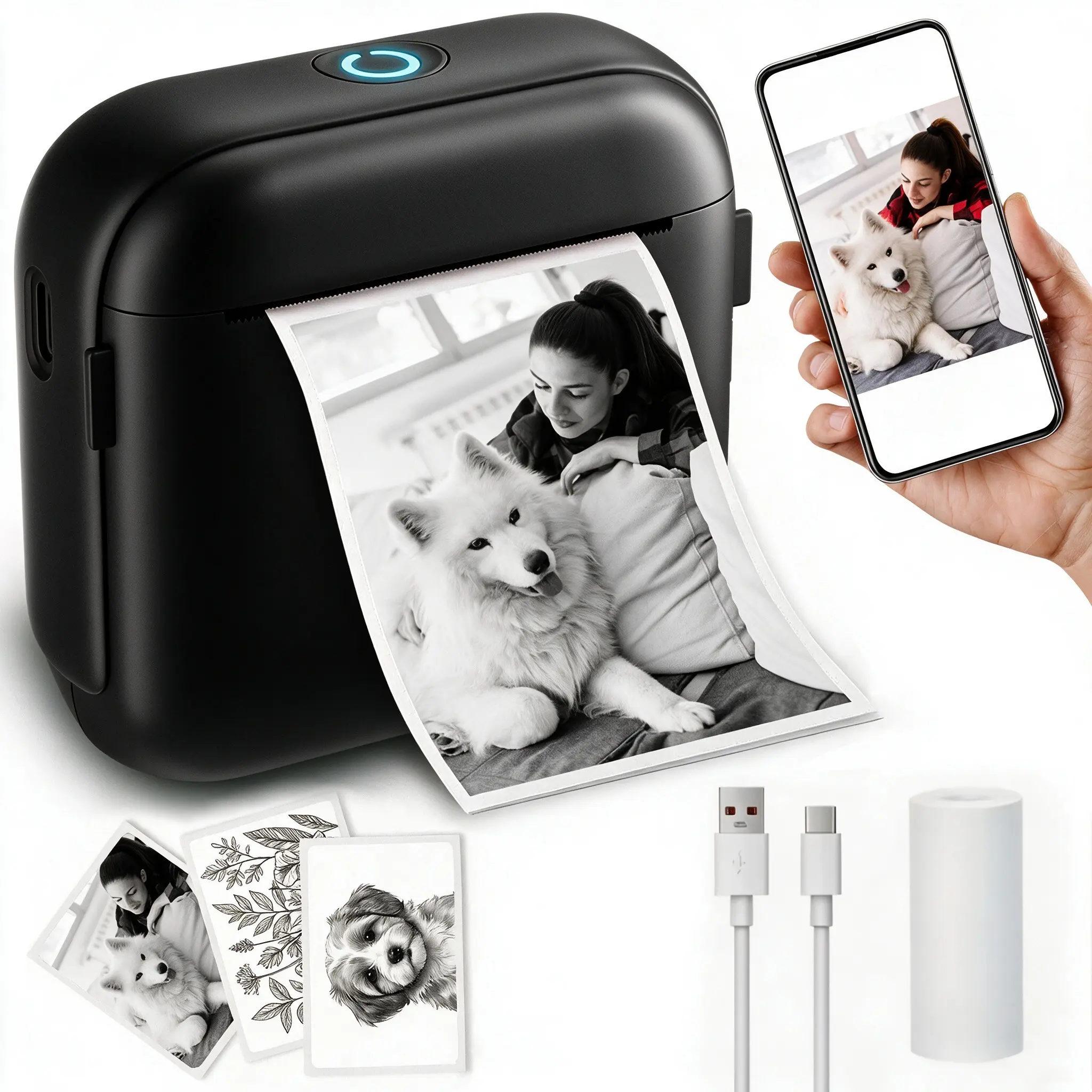 2026 Upgraded Portable Mini Thermal Printer, Wireless Bluetooth Black White Inkless Pocket Printer, Compact Rechargeable Pocket Size Sticker Maker for Memos, Handbook DIY, Photo Printing, Jar Labels, Great Cute Present for Girls & Office Daily Use