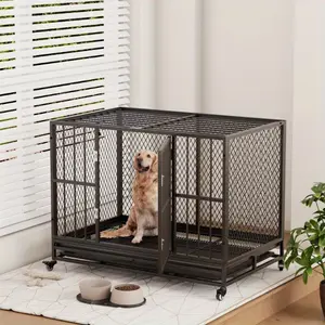 37" Heavy Duty Dog Crate Furniture for Small & Medium Dogs (132 lbs Max), Sturdy Black Indoor Kennel with Metal Mesh, Removable Tray & 360° Lockable Wheels