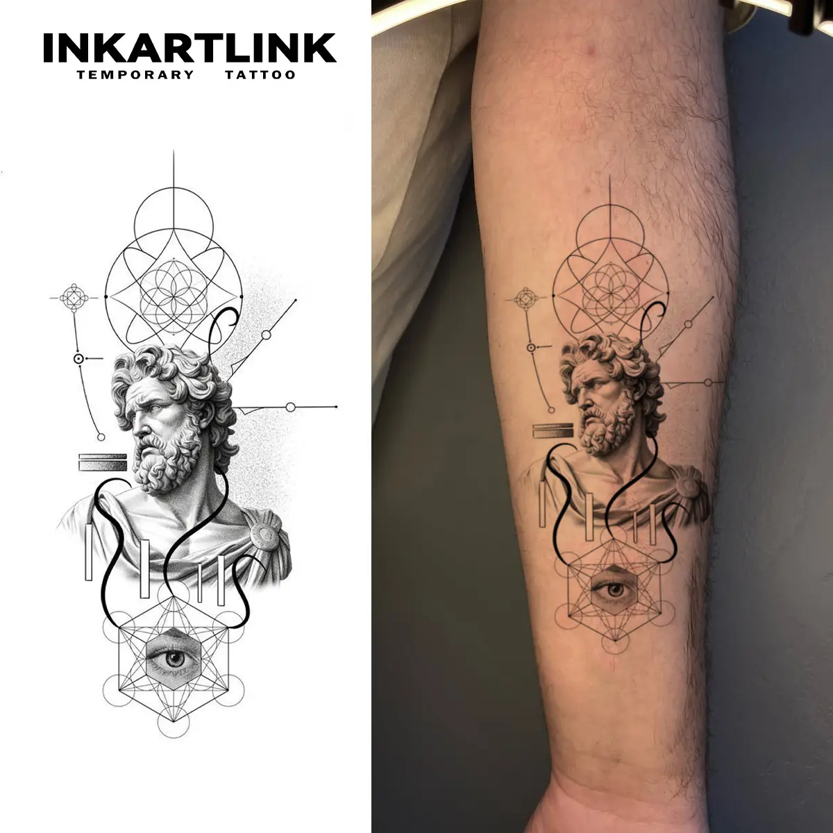 INKARTLINK Semi-Permanent Tattoos, 2 Sheets of Fake Tattoos Lasting 1-2 Weeks, Waterproof with Realistic Plaster Sculpture Design for Men & Women, Sticker Tattoos