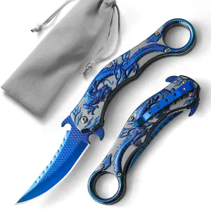 Pocket Knife,3.5" Cool Folding Knife with 3D Dragon Retro Embossed Pattern,EDC Knife with Pocket Clip and Liner Lock,Knife Gifts For Men Women,Sharp Camping Survival Hiking Knives (Blue)