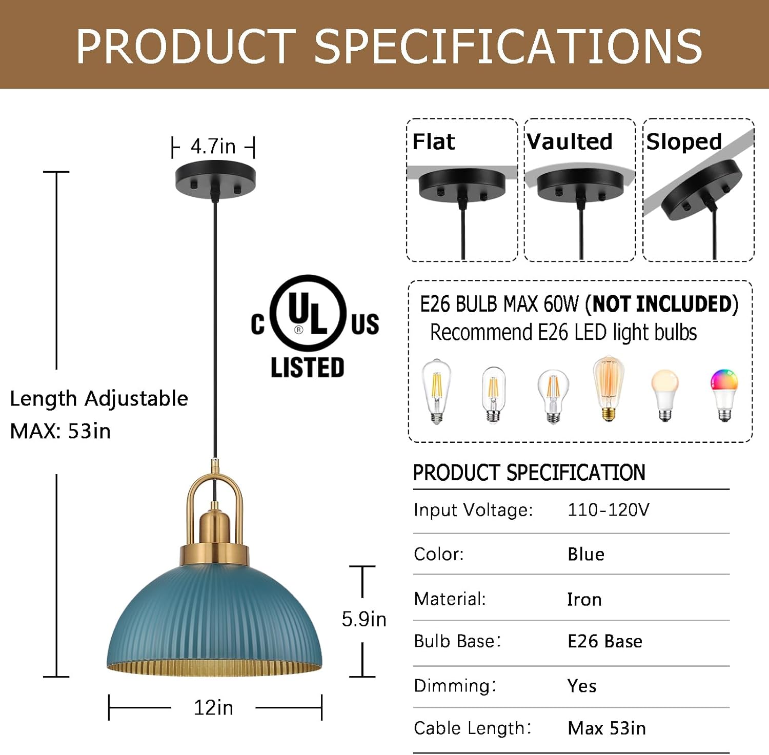 Pendant Lights Kitchen Island, Black Metal Farmhouse Pendant Light Fixtures, 11.8" Industrial Modern Hanging Pendant Lights for Kitchen Island Dining Room Bedroom Cafe Bar (Blue, 1 Pack)