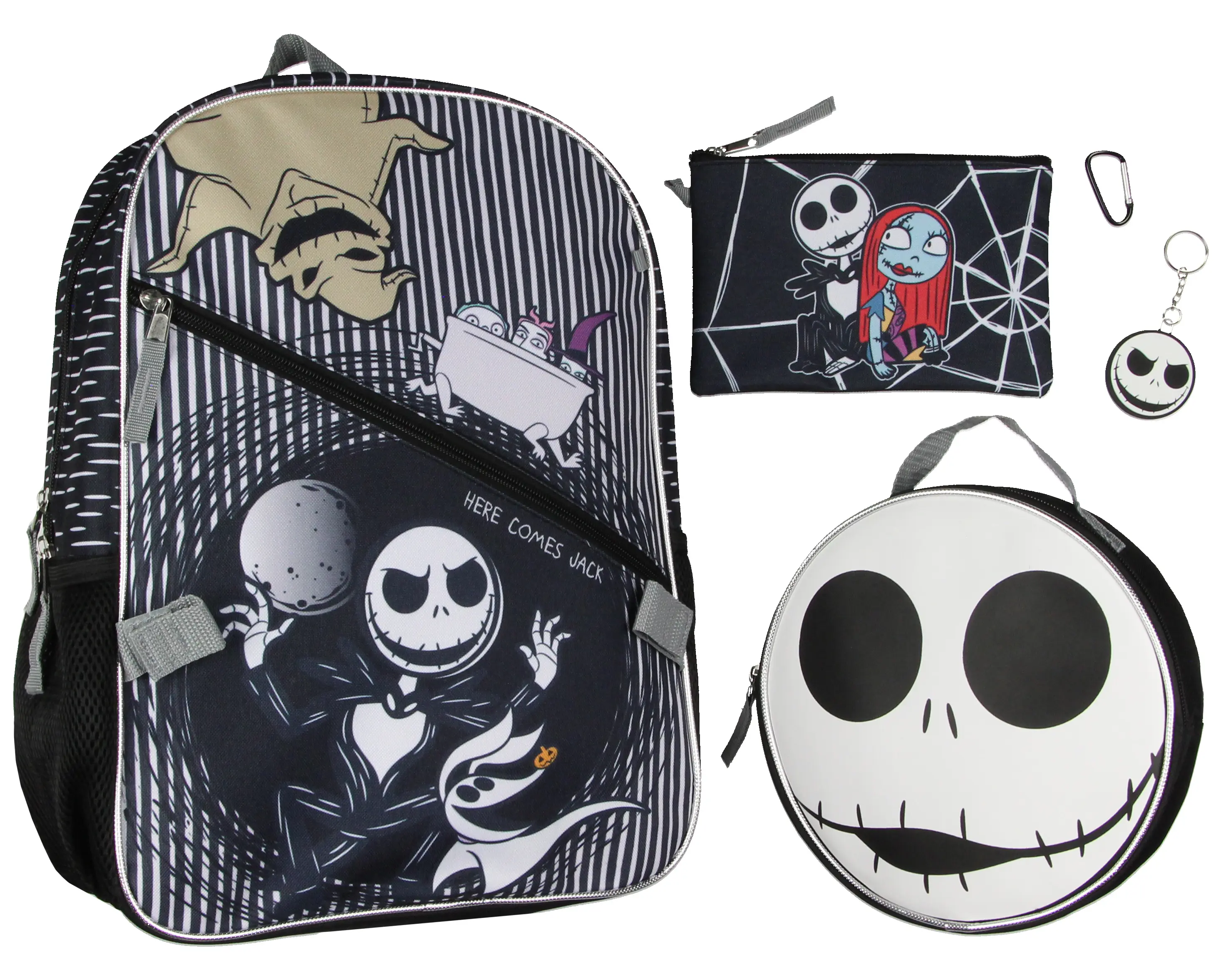 Disney Nightmare Before Christmas Jack Skellington 5 Pc Backpack Set With Lunch Box Pencil Case Carabiner And Keychain 16"