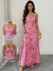 Women's Summer New Fashion Elegant Plaid Bow Tie Waist Cinch Multi-Layer Long Strapless Dress, Stylish and Comfortable Design, Elegance, Womenswear