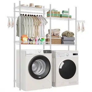 SummerWinsOver Washer and Dryer Storage Shelves, 4-Tiers Laundry Room Space Saver with Hanger Rod, Hooks and 2 Rows Adjustable Shelves, Drying Rack for Laundry Room Organization, White, Four Tiersdealsforyoudays