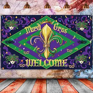Extra Large Mardi Gras Backdrop Banner, 2D Flat Design, Vibrant Colors, Perfect for Celebrations & Events, Easy Setup