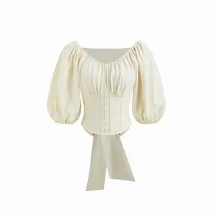 Cider Round Neckline Ruched Knotted Corset Puff Sleeve Blouse